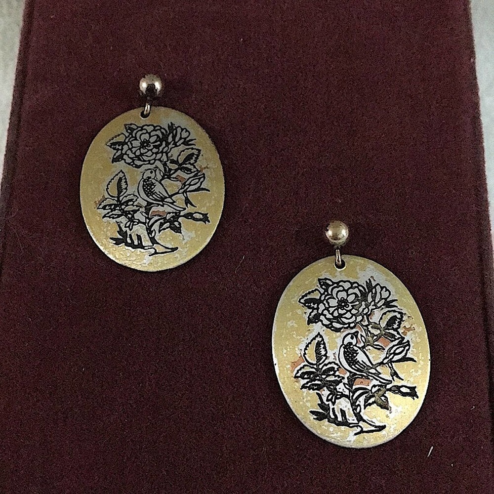 Vintage Reed & Barton Damascene Pierced Earrings Birds Flowers Gold